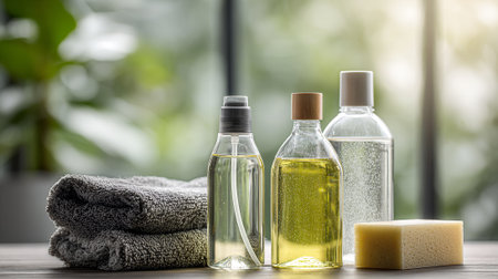 Elegant Spa Arrangement: Bottles, Towels, and Sponge for Relaxation and Rejuvenationの素材