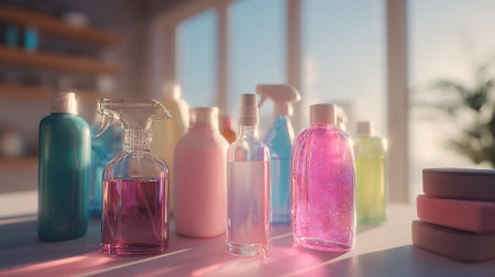 A Variety of Pastel Cleaning Supplies Arranged on a Tabletopの素材