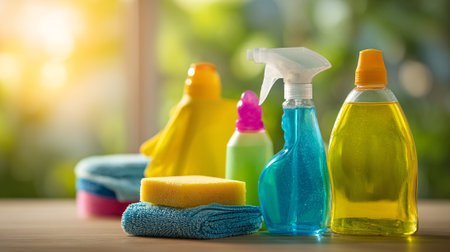 Household cleaning supplies with spray bottle, sponge, and cloths for spring cleaning.の素材