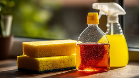 Household Cleaning Supplies Featuring Sponges and Bottled Solutions in a Sunny Windowの素材