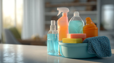 Colorful cleaning supplies arranged in a blue bowl on a counter.の素材