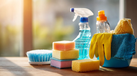 Cleaning Supplies Set Against a Bright Sunny Window Awaiting Domestic Useの素材