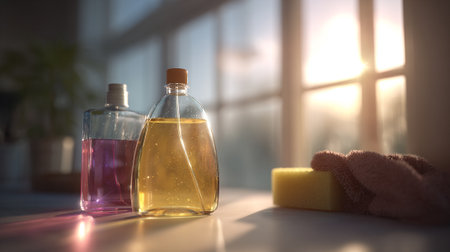 Household cleaning products arranged beautifully with a sponge in a naturally lit room.の素材