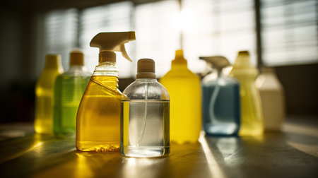Assorted cleaning supply bottles arranged against a bright window offering depthの素材