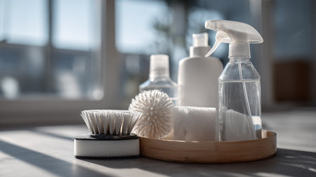 Minimalist Cleaning Supplies Composition: Sustainable Hygiene and Eco-Friendly Tools in Neutral Tonesの素材