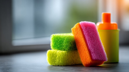 Colorful sponges and cleaning product bottle stand on a gray surfaceの素材
