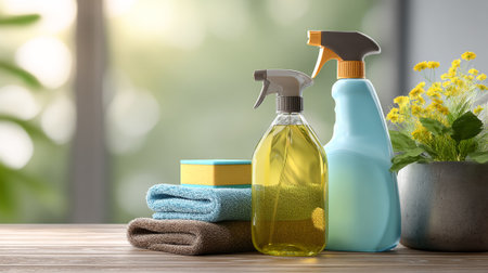 Cleaning Products and Tools Arranged On Wooden Surface Near Window For Household Choresの素材