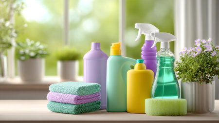 Pastel Cleaning Products and Fresh Flowers for a Bright Home Interiorの素材