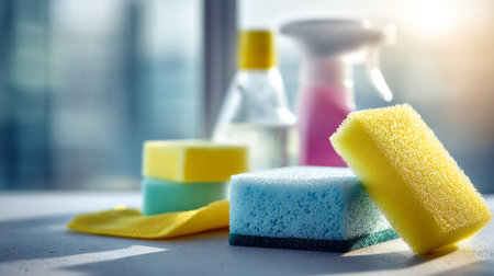 Colorful Cleaning Supplies for Sparkling Surfaces, Tools Ready to Tackle Household Choresの素材