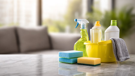 Cleaning supplies arranged on a marble countertop in a bright domestic settingの素材