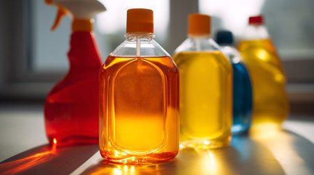 Colorful cleaning product bottles demonstrating cleanliness and hygiene for households and industrial solutions.の素材