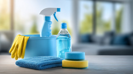 Ready for spring cleaning with essential household supplies and bright sunlightの素材