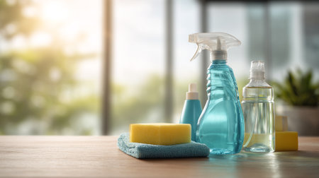 Cleaning Supplies on a Wooden Table Ready for Housekeeping Tasksの素材