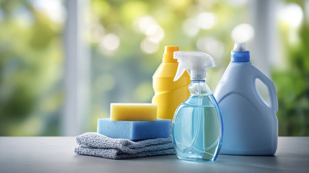 Cleaning product arrangement: spray bottle, sponges, towels, and detergent for cleanlinessの素材