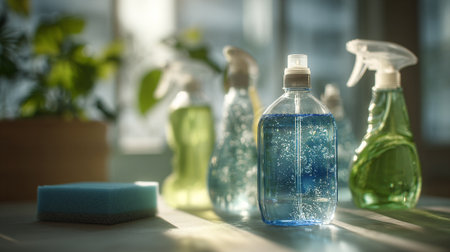 Cleaning product assortment with spray bottles, sponge, and indoor plantの素材