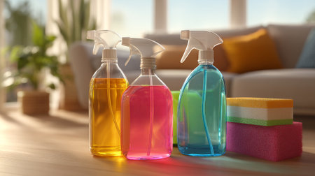 Colorful cleaning supplies for home, bottles, sponges in living room sceneの素材
