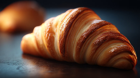 Golden croissant pastry, a delicious breakfast option with a dark moody backgroundの素材