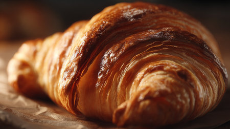 Delicious golden brown croissant on parchment paper, a buttery, flaky treatの素材