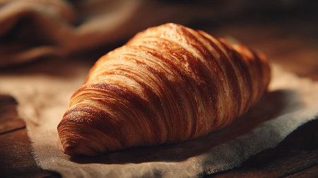 Delicious golden brown croissant glistening on a rustic linen surface, ready to eat.の素材
