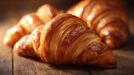 Golden Brown Croissants Delightfully Displayed on a Rustic Wooden Surfaceの素材