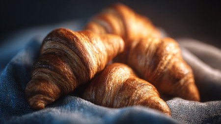 Golden croissants artfully arranged on a textured linen cloth, bathed in soft lightの素材