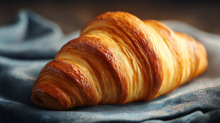 Golden, Flaky Croissant Resting on a Textured Blue Surface, Exuding Warmthの素材