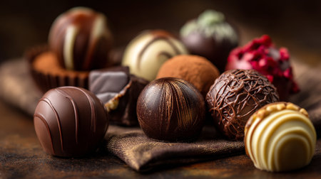 Decadent chocolate truffle assortment on a brown cloth, a culinary indulgenceの素材