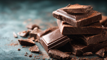 Decadent dark chocolate chunks stacked against a textured teal background, enticing indulgence.の素材
