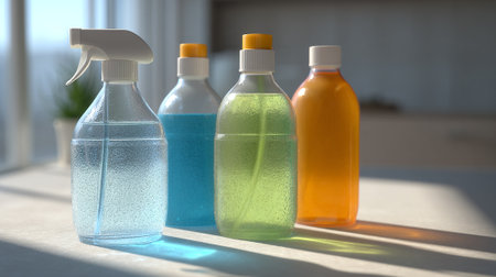 Colorful cleaning solutions in translucent bottles bathed in natural light indoors.の素材