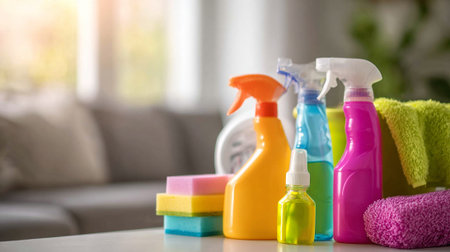 Vibrant cleaning supplies assortment with spray bottles ready for domestic dutiesの素材