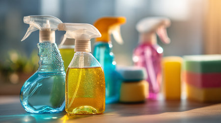 Colorful Cleaning Supplies Composition Displaying Assorted Spray Bottles and Sponges on Wooden Surfaceの素材