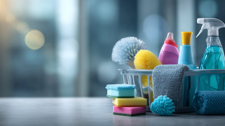 Cleaning Supplies in a Basket Ready for Spring Cleaning Choresの素材