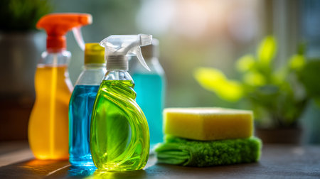 Colorful cleaning supplies including sprays and sponges on a wooden table.の素材