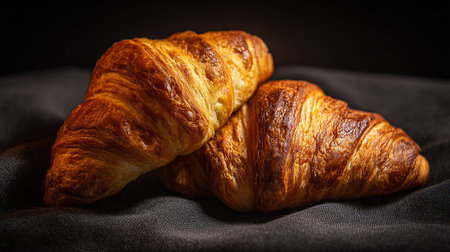Golden baked croissants on dark cloth, enticing breakfast treat for gourmets.の素材