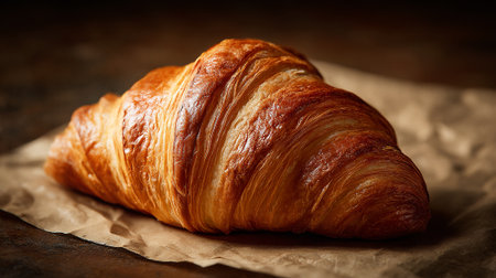 Golden brown croissant on kraft paper, perfect for a delicious breakfastの素材