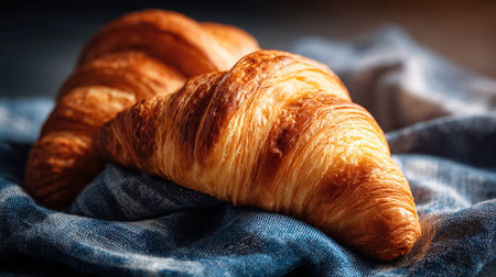 Freshly baked golden brown croissants resting on blue linen fabricの素材