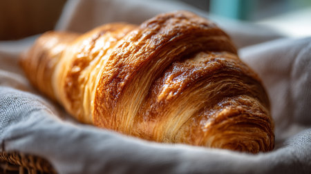 Delicious flaky croissant on a cloth, perfect for a pastry advertisementの素材