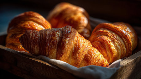 Golden brown croissants displayed on a linen cloth in rustic wooden tray.の素材