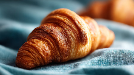 Golden flaky croissant resting gracefully on a textured blue linen clothの素材