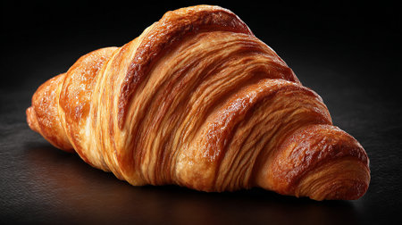Delicious single croissant with buttery layers displayed on a dark surfaceの素材