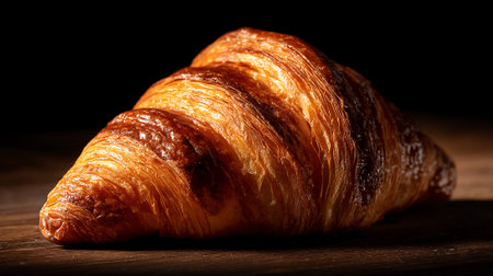 Golden brown croissant displaying flaky layers against dark background on a wooden table.の素材
