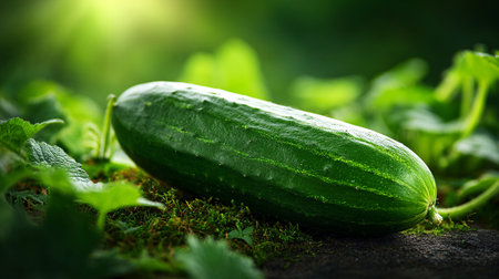 Freshly Harvested Cucumber Displayed Among Lush Greenery Under Soft, Bright Sunlightの素材