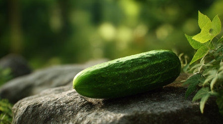 Fresh cucumber with water droplets resting on a textured stone surface.の素材
