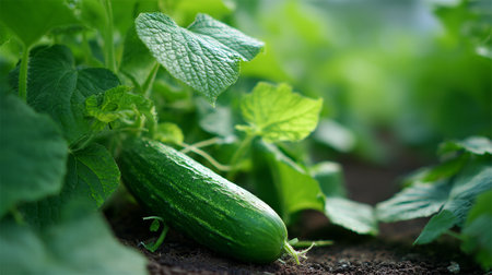 Fresh Green Cucumber Growing Amidst Lush Leaves in a Garden Settingの素材