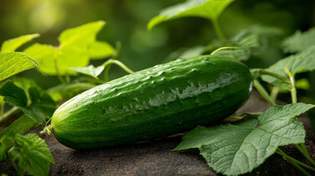 Fresh, Green Cucumber Resting Among Vibrant Leaves in Natural Sunlight Ambianceの素材