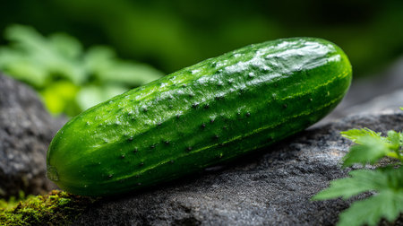 Fresh Organic Cucumber Resting on a Rustic Stone Surface Outdoorsの素材
