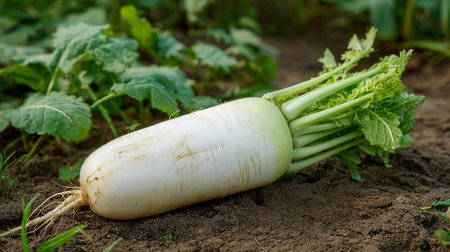Fresh and Clean Daikon Radish Resting on Rich Soil Backgroundの素材