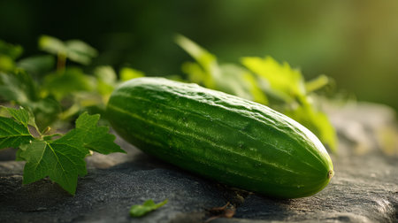 Fresh Cucumber Resting on Stone Surface with Green Leaves Around Itの素材