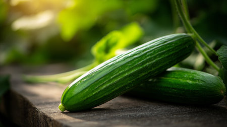 Fresh cucumbers glistening in sunlight lie on rustic wooden surface outdoorsの素材