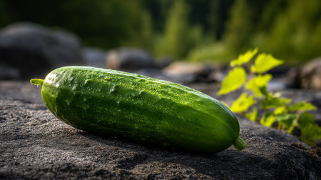 Fresh green cucumber lying on textured rock surface in outdoor settingの素材